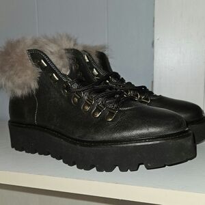 Genuine Italian Black Leather Women's Boots with Fur Trim, From Italy!